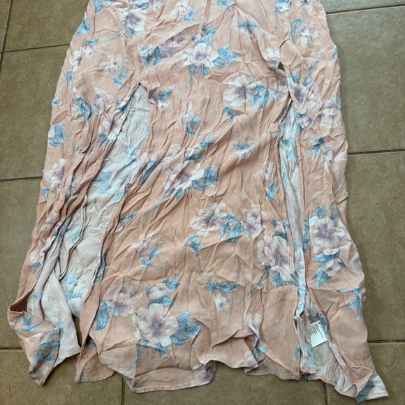 American Eagle Floral Maxi Dress Peach Pink Blue Slit Spaghetti Strap Large - Picture 2 of 6